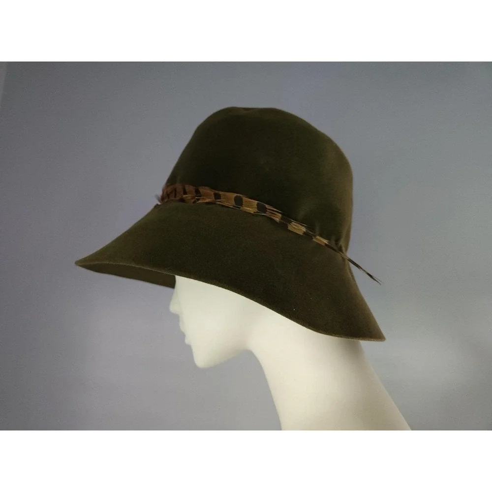 60s Vintage Pheasant feather Bucket Hat‎ ribbon Made In France Wool Felt